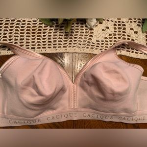 Cacique 42C Sports Bra, no wires, no padding, very comfortable.